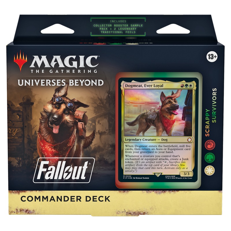MTG Universes Beyond: Fallout Commander Deck - Scrappy Survivors (100-Card Deck, 2-Card Collector Booster Sample Pack + Accessories)